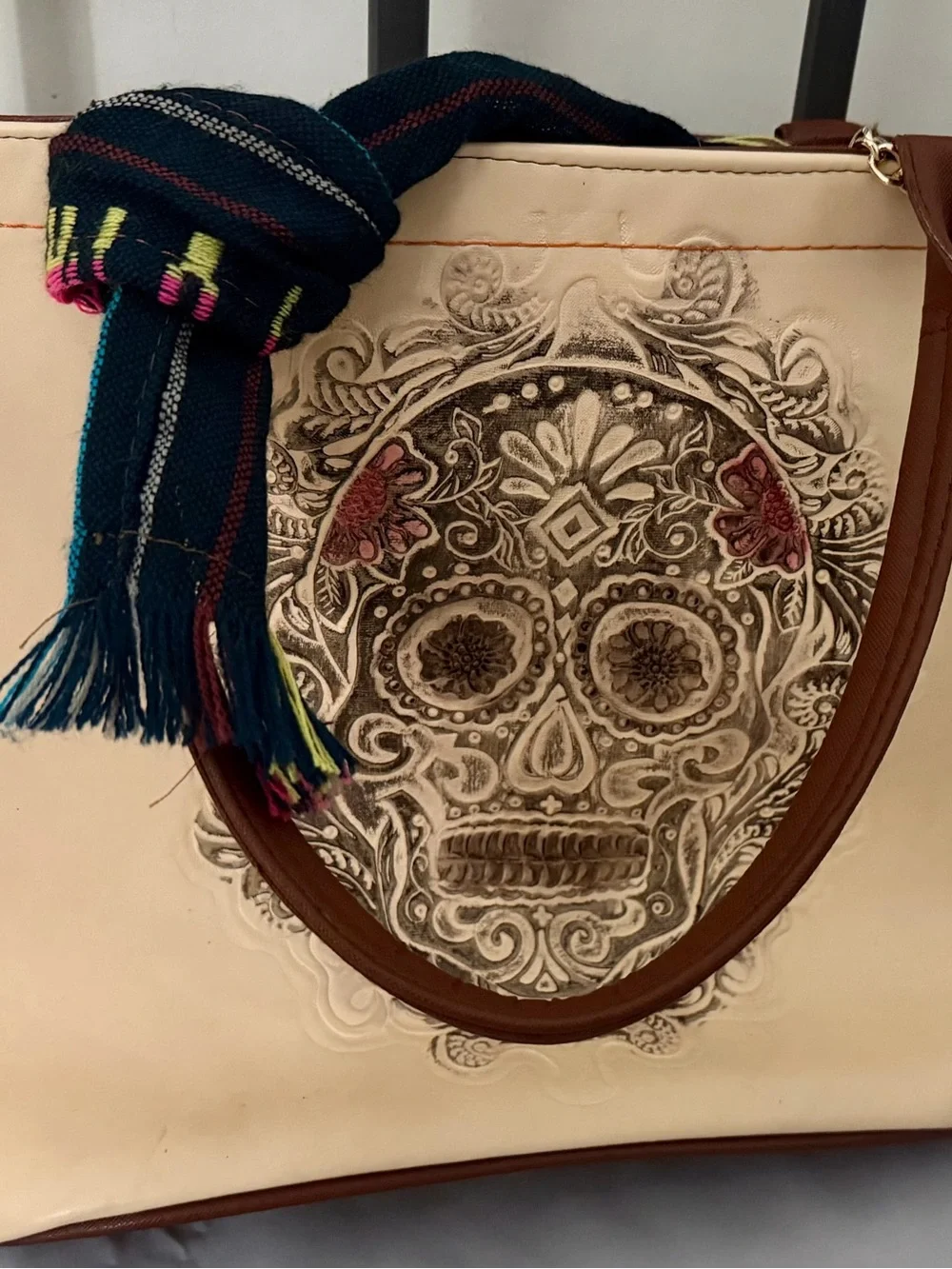 Sugar Skull Tote Bag in Cream and Brown